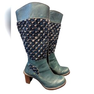 El Naturalista Heeled Knee High Boots Blue Leather Textile Boho